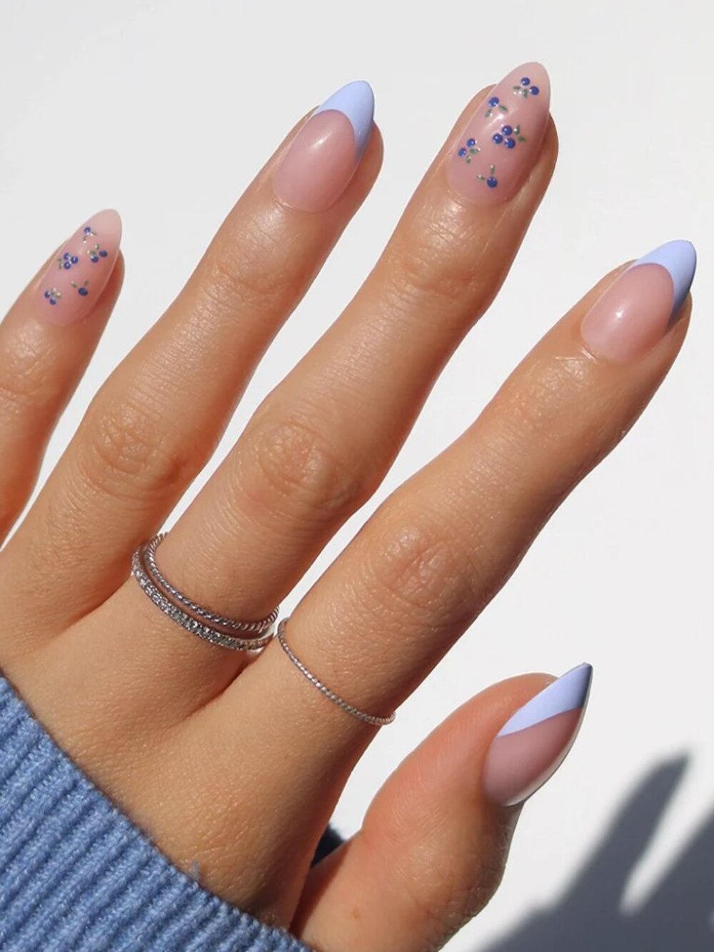 Pastel Blue French Tip Press-On Nails with Tiny Blue Floral Accents